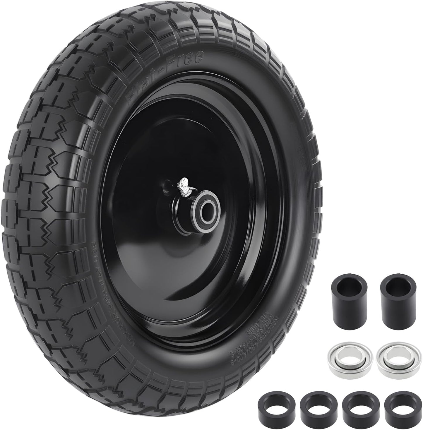HQPASFY 14.5" Flat Free Tire 4.80/4.00-8 Wheelbarrow Tire and Wheel, 3" Centered Hub, 5/8" & 3/4" Bearings Replacement for Wheelbarrows, Garden Carts, Dump Carts, Lawn Equipment