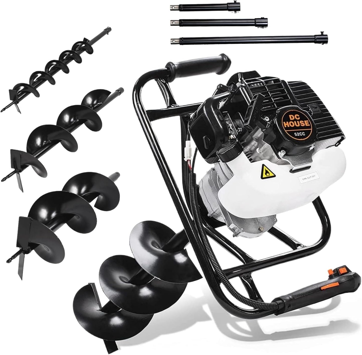 DC HOUSE 52cc 1800W Gas Powered Earth Auger EPA Certified Post Hole Digger, with 3 Drill Bits 6" 10" 12" and 3 Extension Rods 8" 12" 20", Mixing Ratio 30:1, for Fence, Farmland and Garden