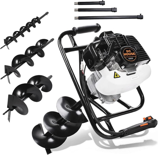 DC HOUSE 52cc 1800W Gas Powered Earth Auger EPA Certified Post Hole Digger, with 3 Drill Bits 6" 10" 12" and 3 Extension Rods 8" 12" 20", Mixing Ratio 30:1, for Fence, Farmland and Garden