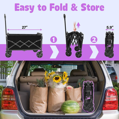 Collapsible Foldable Wagon Cart,360Lbs Collapsible Wagon Cart with Wheels Portable,Outdoor Utility Carts for Groceries, Camping, Sports, Garden, Shopping