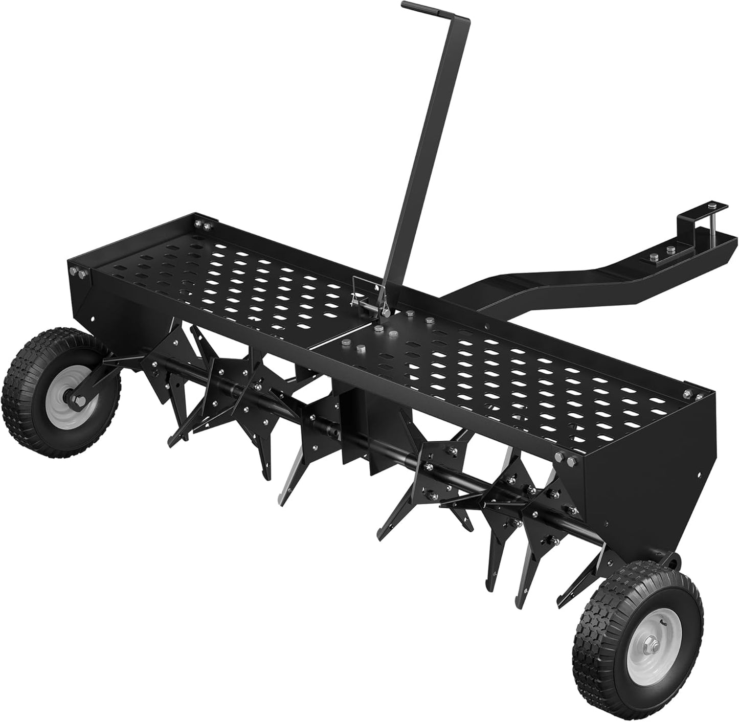 48" Lawn Aerator Tow Behind, Pull Behind Aerator with Universal Hitch, 32 Galvanized Steel Tines, Tray and Pneumatic Tires, Plug Behind Aerator is Suitable for Gardens, Lawns and Farms