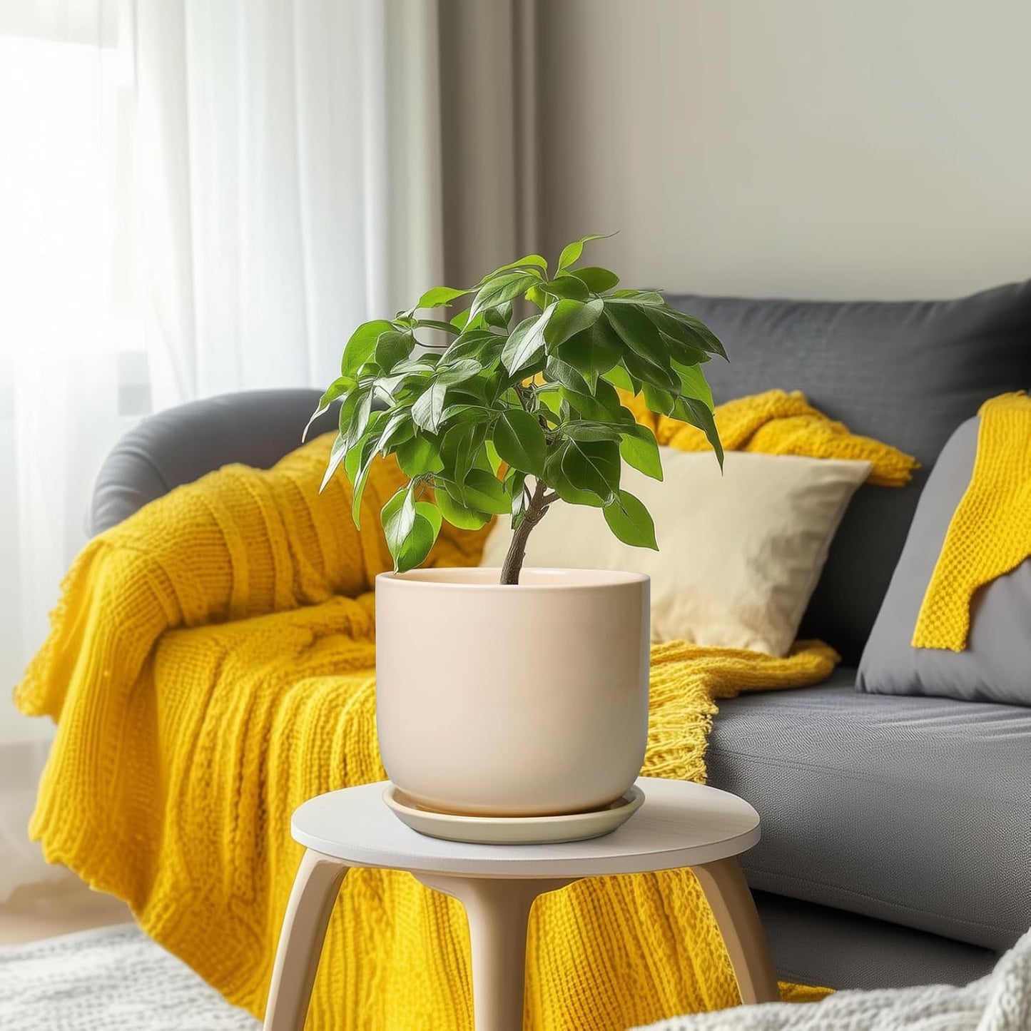 Ceramic Planter - Round Modern 8 Inch Plant Pot with Drainage Hole and Saucer for Flowers Herb, Home House Office Room Apartment Decor, Yellow