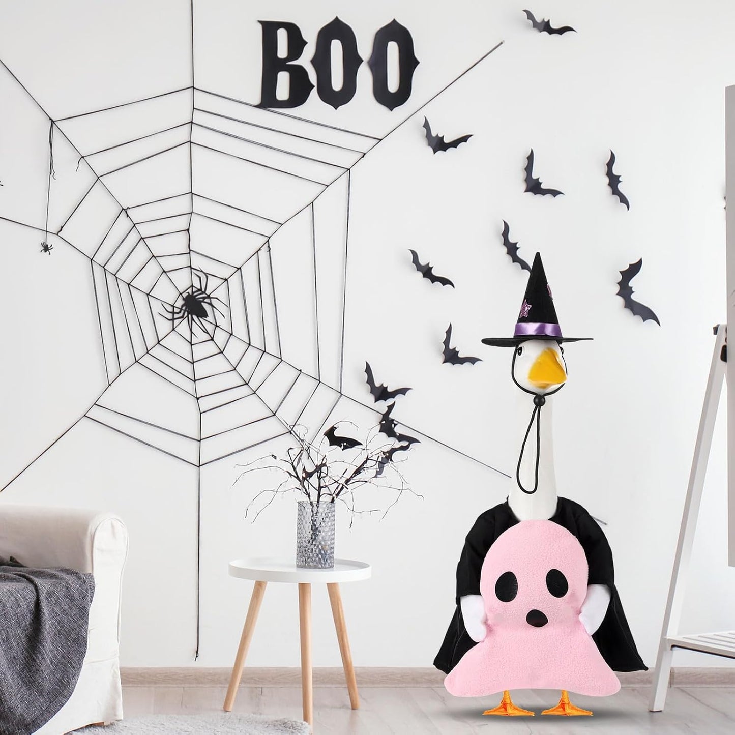 Sanwuta 1 Set Halloween Porch Goose Outfit Pink Ghost Pillow Design with Witch Hat for 23" Lawn Cement Goose Porch Geese Clothes Costume for Halloween Garden Patio Yard Outdoor Decorations