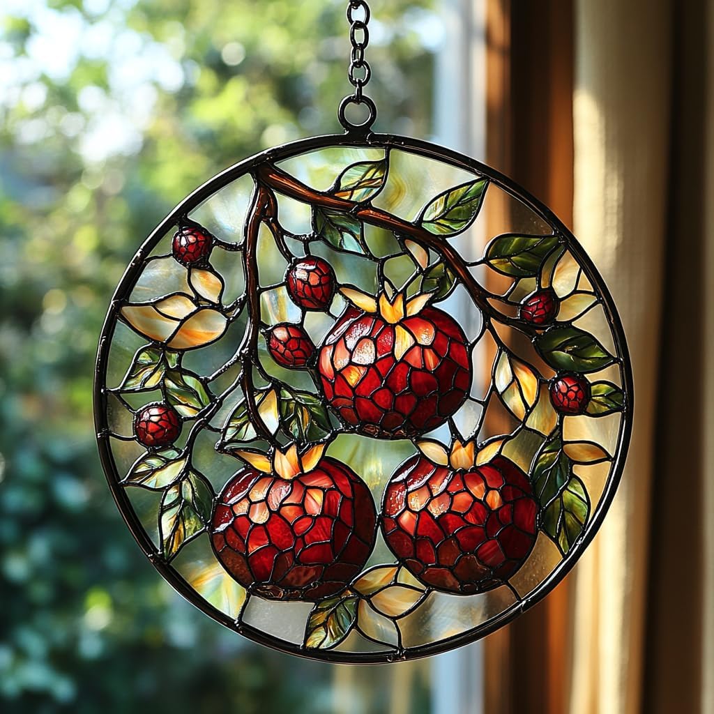 Cottage Pomegranate Acrylic Suncatcher Stained Glass Effect Window Car Hanging Christmas Ornament Indoor Outdoor Decor Garden Sun Catcher Panel for Acrylic Suncatcher Lover for Women Mom Grandma