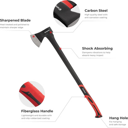 INTERTOOL Chopping Axe and Hatchet Set, 36-Inch Long and 14-Inch Hatchet, Shock Absorbing Fiberglass Handles With Blade Protectors HT-0264-0291