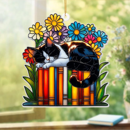 Cat Book Ornament – Stained Glass Style Acrylic Christmas Ornament, Book Lover Gifts for Women, Teacher & Librarian Holiday Decorations, Bookworm Fantasy Ornament for Reading Nook or Tree(Sun-16)