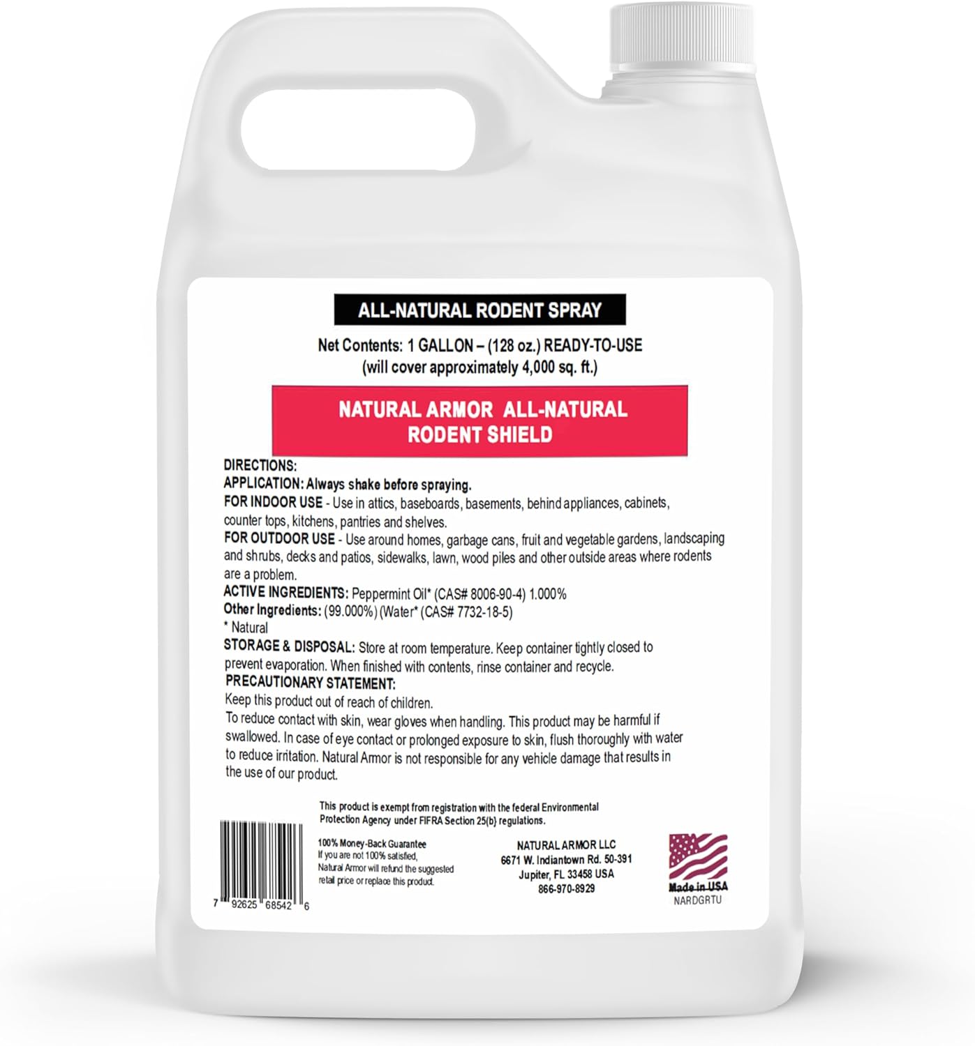 Natural Armor Peppermint Repellent for Mice/Mouse, Rats & Rodents. Natural Spray for Indoor & Outdoor Use Rodent Shield - 128 Fl Oz Gallon Refill