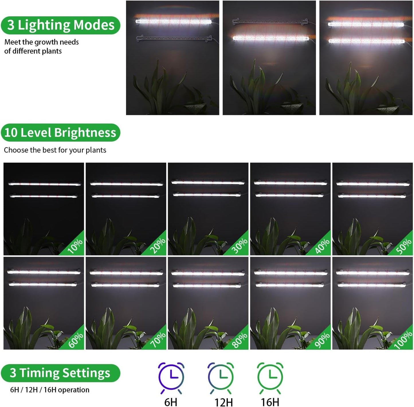16‘’ LED Grow Light Strips for Indoor Plants，Full Spectrum 120 LEDs with 4 Install Methods, 6/12/16H Timer, 10 Dimmable Levels, 3 Switch Modes for Seedling Succulent Sunlike Strip (2 Head 1 Pack)