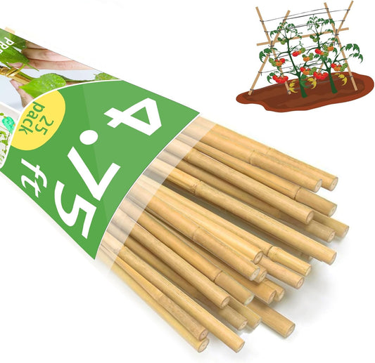 Bamboo Garden Stakes 57 Inch 25pcs, 1/2" Dia Plant Stakes 5ft Approx for Indoor Outdoor Plants, Support Tomato, Cucumber, Beans and More Climbing Plants