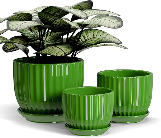 Ceramic Plant Pots,4"+5"+6" Inch,Green Flower Pots with Drainage Holes and Tray,Indoor Planters for Plants Pots,Home Office Decoration GIF for Plants,Succulent Pot Set of 3