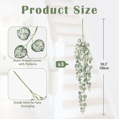 Briful 3 Pack Fake Hanging Plant 39.3" Faux Hanging String of Hearts Plant Faux Trailing Vine with Heart-Shaped Leaves Lush Cascading Artificial Greenery for Home Wall Indoor Outdoor Porch Decor