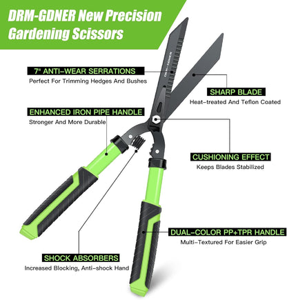 Professional Heavy Duty Hedge Shears 23" - Serrated Blade & Dual Shock Handle, Ergonomic Gardening Clippers with Anti-Rust Coating
