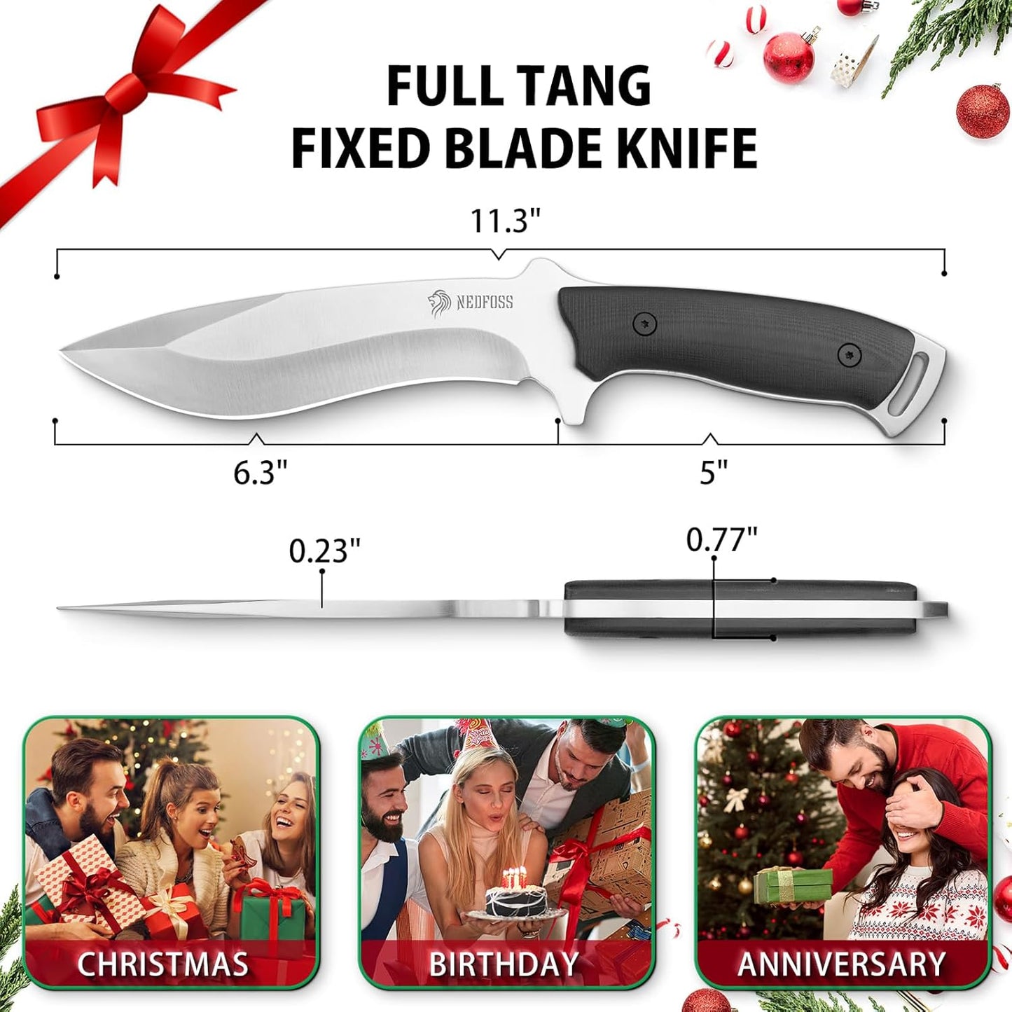 NedFoss Kukri Knife, Full Tang Hunting Knife with Sheath, 6" AUS-8 Steel Fixed Blade, 0.23" Thickness, G10 Handle, Heavy Duty Survival Knife Camping Gifts for Men Women