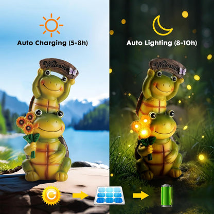 Garden Turtle Outdoor Statues, Solar Garden Statue Two Sweet Frog Face Turtles Decor with 3 LED Lights, for Patio Lawn Porch Yard,Gifts for Birthday, Easter, Housewarming