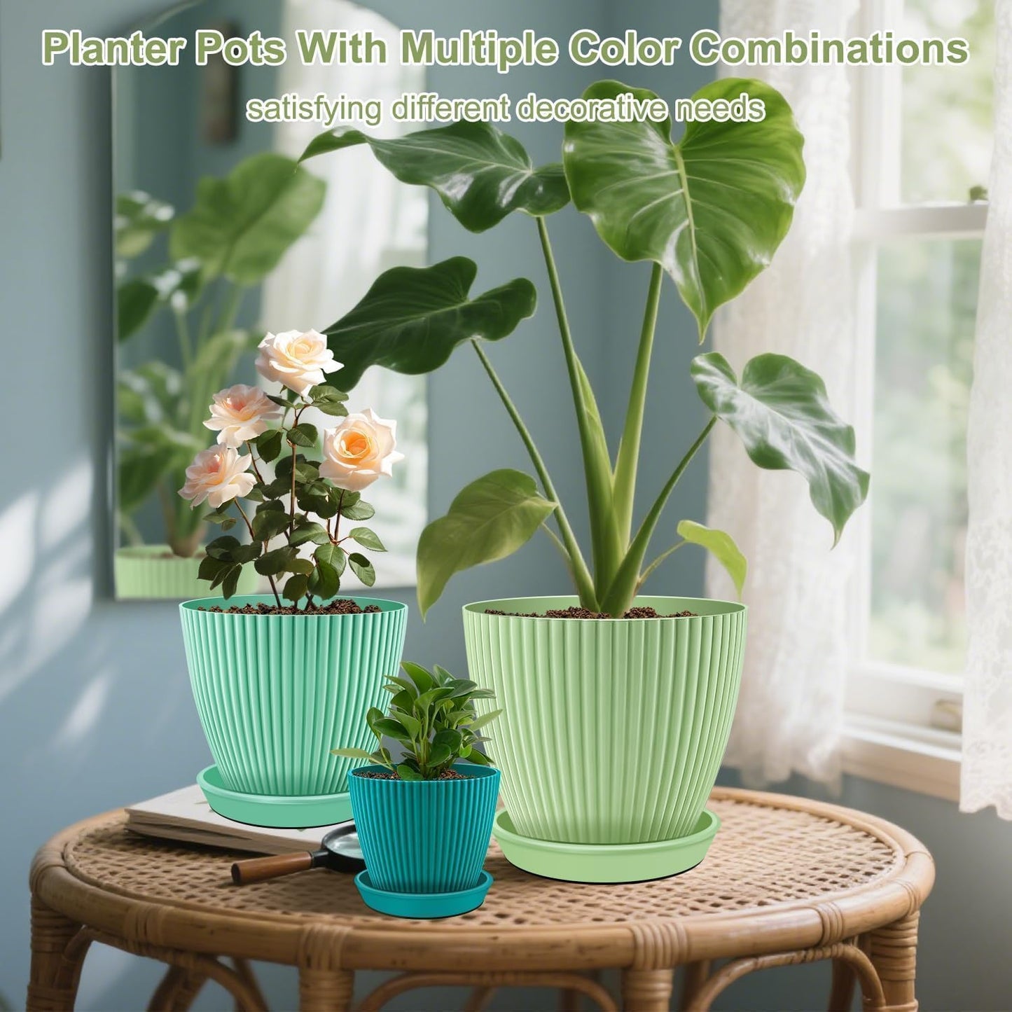 SupKing Plant Pots with Drainage Saucers 7.5/6.7/6/5/4/3.5 Inch Set of 6,Plastic Flower Pots