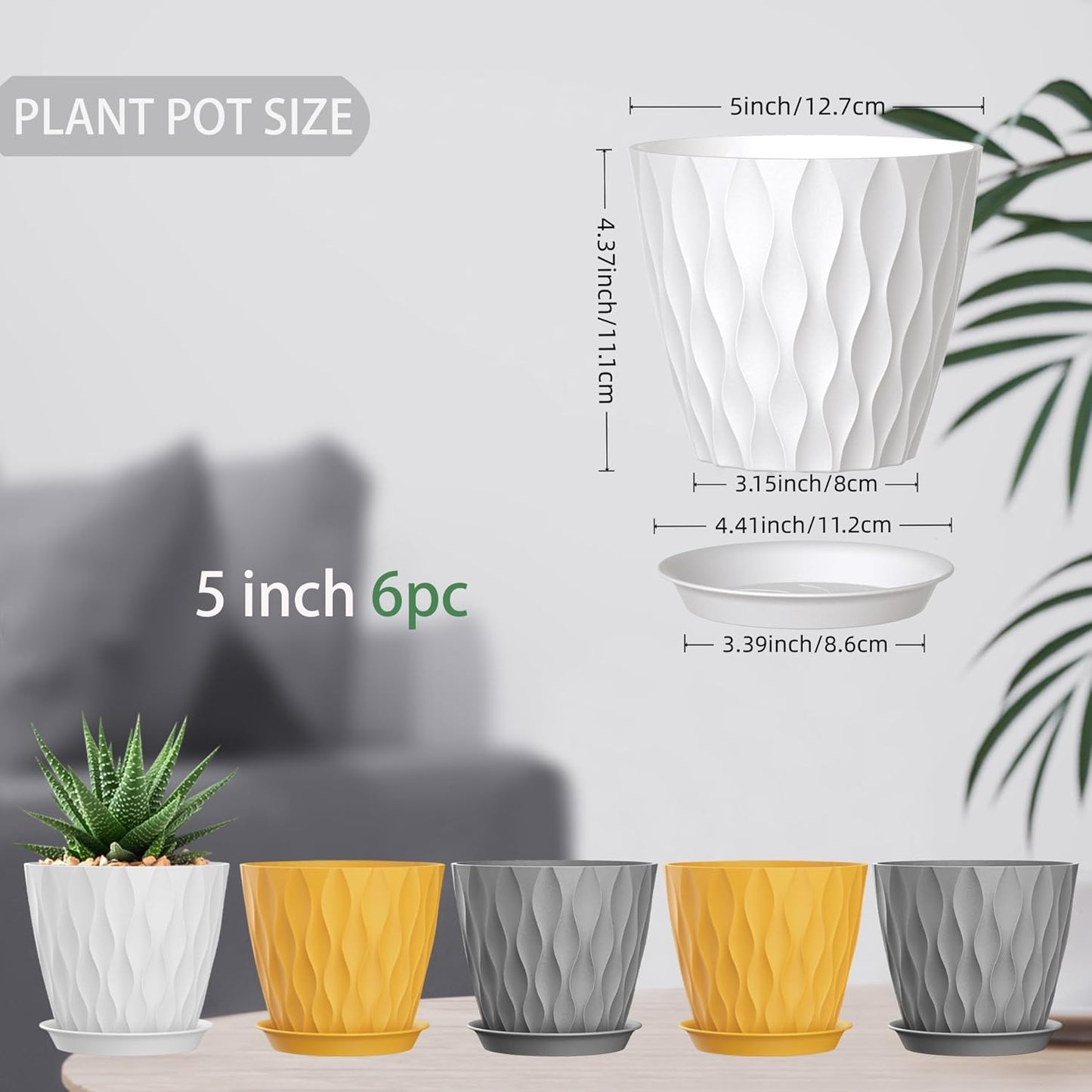 5 Inch Planter Pots, 6 Pack Indoor Planters, Small Flower Pots with Drainage Holes and Tray for Succulents, Orchids, Herbs and Other Indoor Plants (Orange+Grey+White, 5inch)