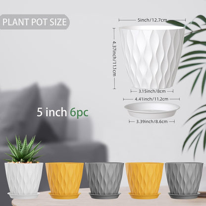 5 Inch Planter Pots, 6 Pack Indoor Planters, Small Flower Pots with Drainage Holes and Tray for Succulents, Orchids, Herbs and Other Indoor Plants (Orange+Grey+White, 5inch)
