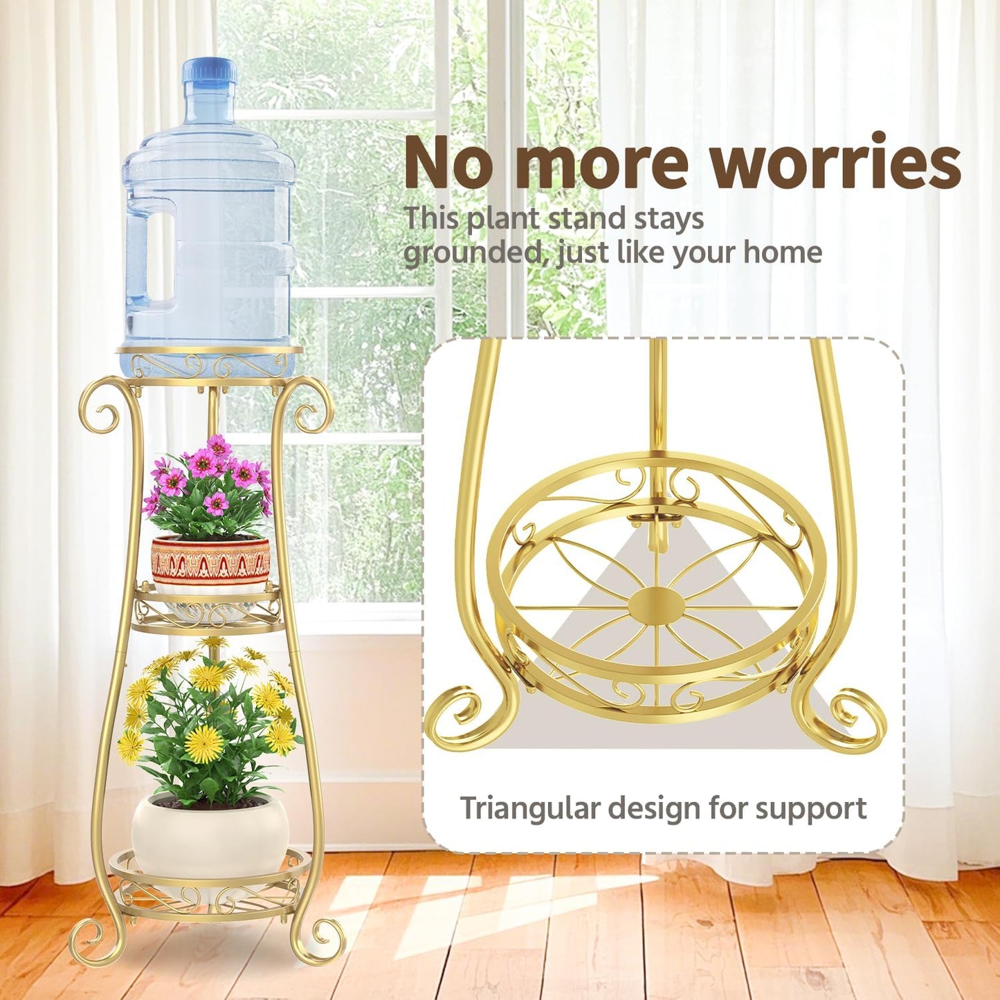 LASZOLA 3 Tier Gold Metal Plant Stand for Multiple Large Planters Indoor Outdoor Organizer, Heavy Duty Tall Flower Stand for Corner Patio Bathroom Office, Modern Sturdy Vertical Iron Rack, Cat Proof