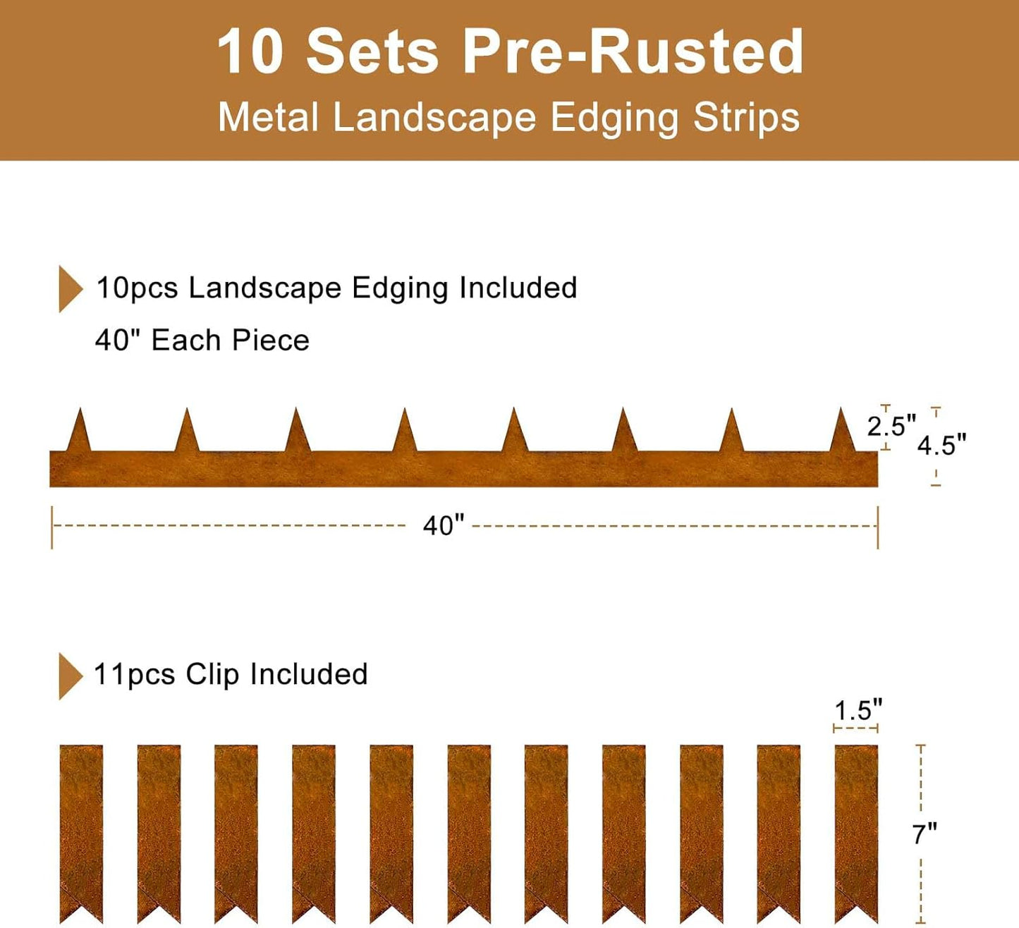33ft Landscape Edging Cor-Ten Steel - Pre-Rusted Garden Border Kit, 10 Pack Hammer-in Lawn Edging Strips 11 Clips & Gloves - Durable Garden Edge for Lawn, Yard