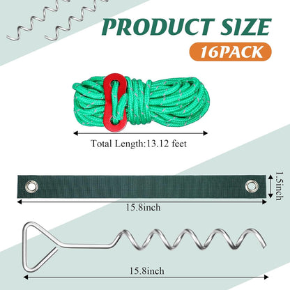Sintuff 16 Set Tree Stakes and Supports Kit for Anti Hurricane Leaning Trees Straightening Heavy Duty 15. 75" Spiral Tree Stake with 13. 12 ft Ropes and 15. 75'' Support Straps (Green)