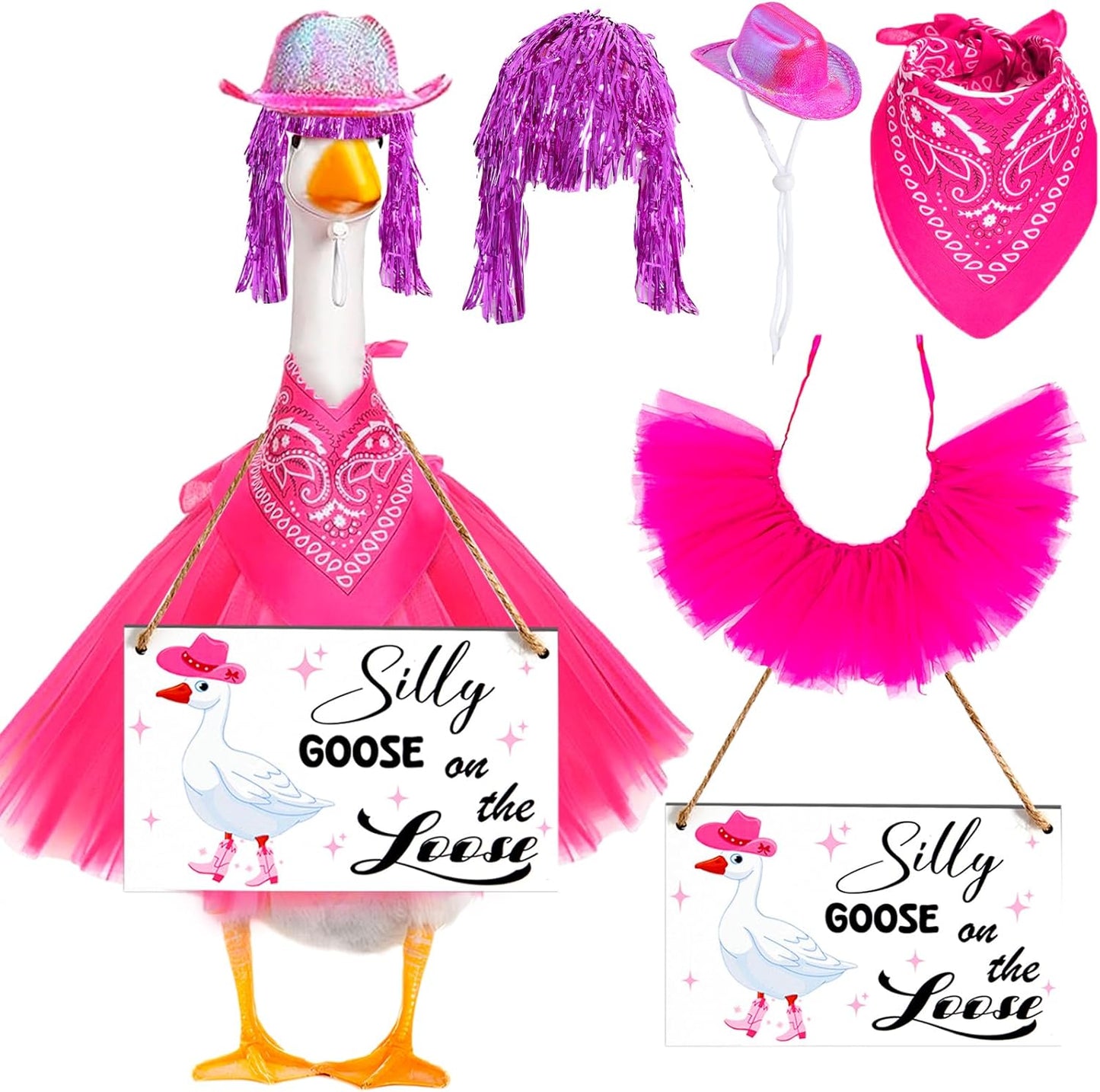 Cowboy Porch Goose Outfit Set for 23" Cement/Plastic Lawn Goose Statue - Silly Goose on The Loose Sign with Hat, Bandana, Lace Tutu Skirt Funny Wigs for Garden Party Yard Outdoor Decor
