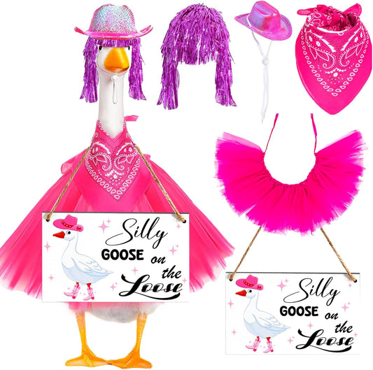 Cowboy Porch Goose Outfit Set for 23" Cement/Plastic Lawn Goose Statue - Silly Goose on The Loose Sign with Hat, Bandana, Lace Tutu Skirt Funny Wigs for Garden Party Yard Outdoor Decor