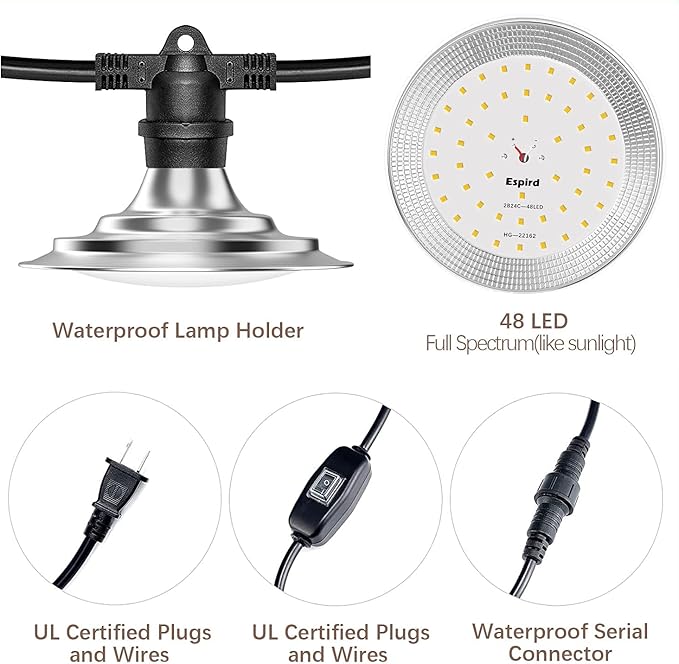 Espird Outdoor LED Grow Lights for Greenhouse 6-Light Waterproof String Grow Light, Full Spectrum LED Plant Grow Light Lamp, Waterproof Greenhouse Grow Lights for Seedling, Veg, Flower