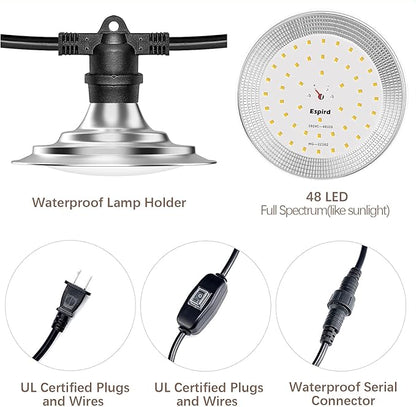 Espird Outdoor LED Grow Lights for Greenhouse 6-Light Waterproof String Grow Light, Full Spectrum LED Plant Grow Light Lamp, Waterproof Greenhouse Grow Lights for Seedling, Veg, Flower