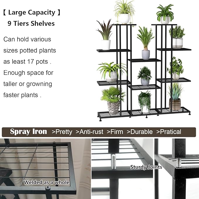 Metal Plant Stand, large indoor Plant Stands Decorative Black Steel Plant Shelf for ontdoor Patio Garden Balcony and Yard,tall multi tier plant stand(9 Tier)