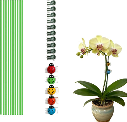 16.5 Inch Plant Stakes - 10 Pcs Bendable Plant Support Stakes Green with 10 Clips & 5 Adorable Ladybug Clips for Indoor Outdoor Potted Plants, Orchids, Tomatoes, Flowers Gardening