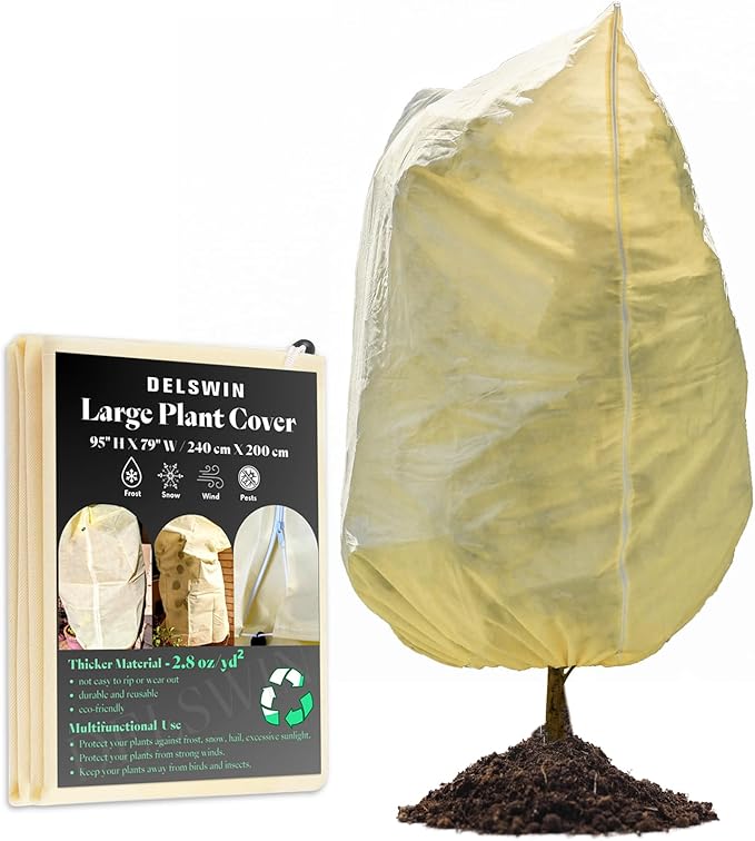 DELSWIN Plant Covers Freeze Protection, 95" x79" 2.8oz/yd², Frost Blankets for Outdoor Plants Frost Cloth with Zipper & Drawstring, Extra Large Plant Frost Protection Shrub Tree Covers for Winter