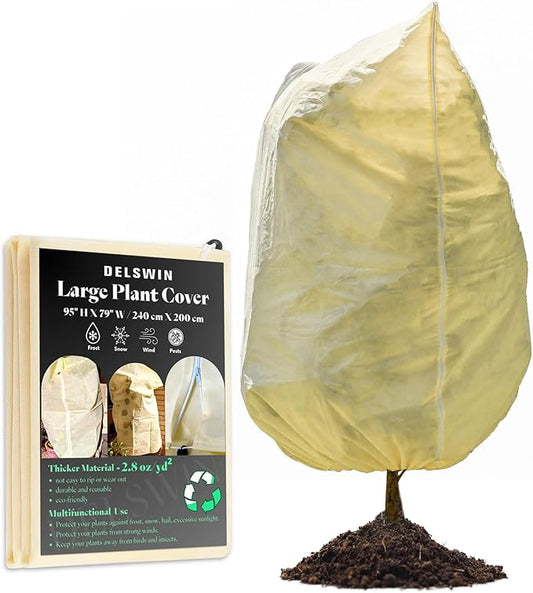 DELSWIN Plant Covers Freeze Protection, 95" x79" 2.8oz/yd², Frost Blankets for Outdoor Plants Frost Cloth with Zipper & Drawstring, Extra Large Plant Frost Protection Shrub Tree Covers for Winter