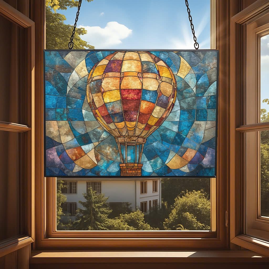Personalized Rectangle Boho Hot Air Balloon Stained Glass Suncatcher Window Hanging, Gothic Christmas Ornaments for Fiction Lovers, Dinosaur Room Decor for Nursery New Home Gifts