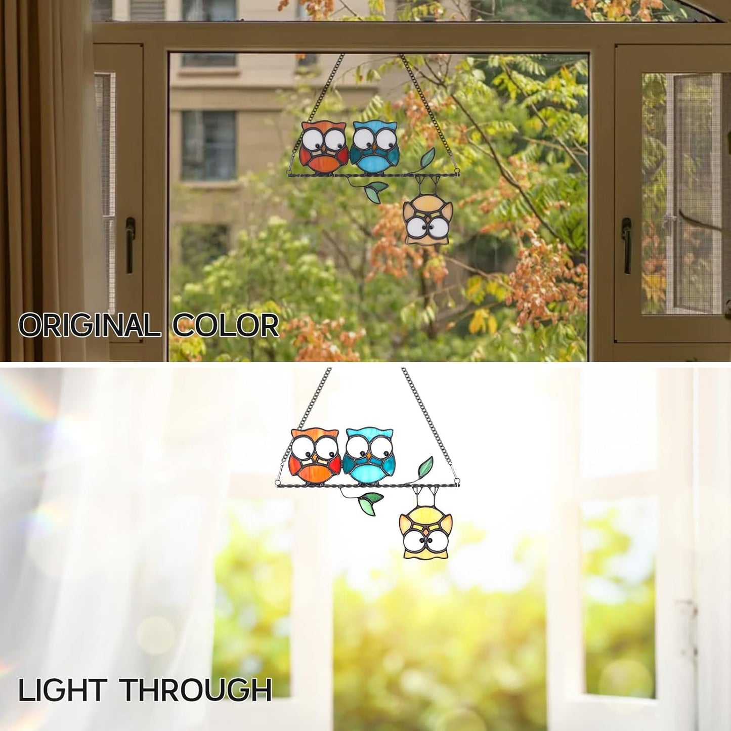 Stained Glass Multicolor Owl Suncatcher Panel - Vibrant Rainbow Maker - Window Hanging Art for Garden & Indoor Decor Hummingbird Ornamentand Gift for Women and Bird Lovers