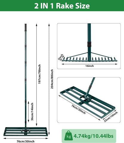 Lawn Leveling Rake, 2 Pack Heavy Duty Lawn Leveler with 30"x10" Ground Plate n 17'' Bow Head,78” Adjustable Long Handle,Level Yard Tool for Grass,Golf Field,Level Soil or Dirt Ground Surfaces-Green