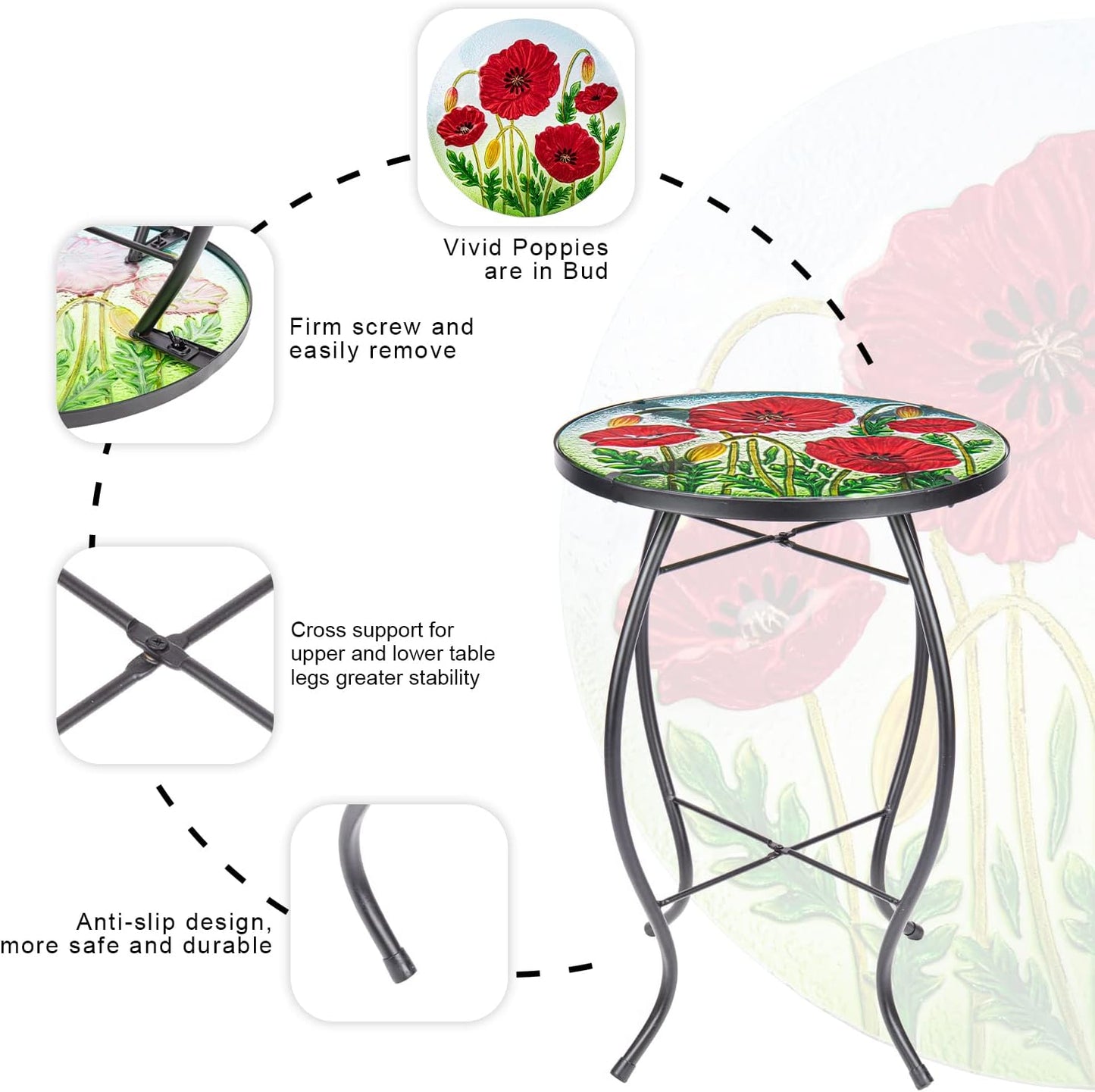 MUMTOP Outdoor Side Table - Small Mosaic Patio Tables, 14” Round Accent End Coffee Glass Plant Stand for Garden Living Room(Poppy)
