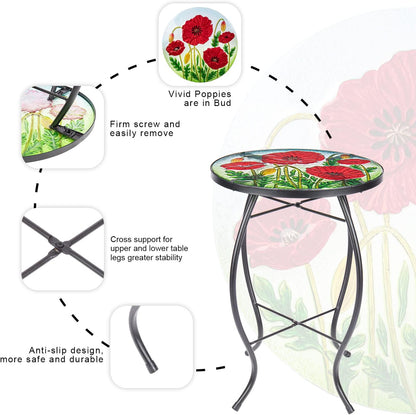 MUMTOP Outdoor Side Table - Small Mosaic Patio Tables, 14” Round Accent End Coffee Glass Plant Stand for Garden Living Room(Poppy)