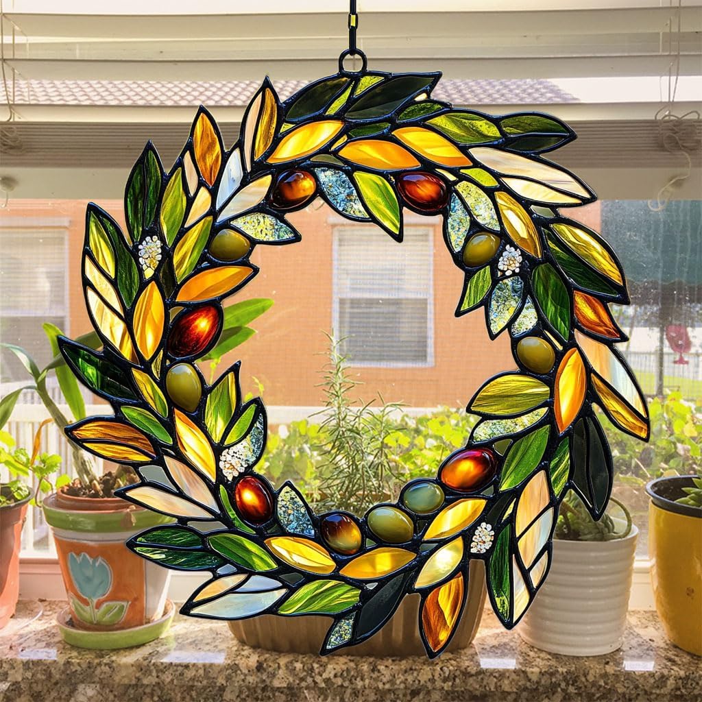Mistletoe Wreath Acrylic Suncatcher Stained Glass Effect Window Car Hanging Christmas Ornament Indoor Outdoor Decor Garden Sun Catcher Panel for Christmas Lover for Women Mom Grandma