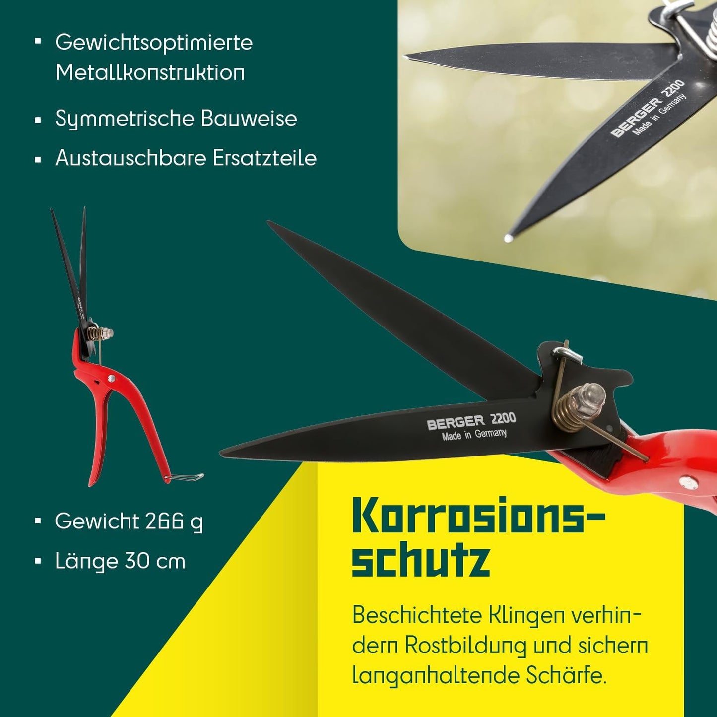 BERGER Commercial Grade Grass Shears, Self-Sharpening Steel Blades with Anti-Stick Coating, Forged Steel Body, Ring Clasp for Hanging Storage, 2200