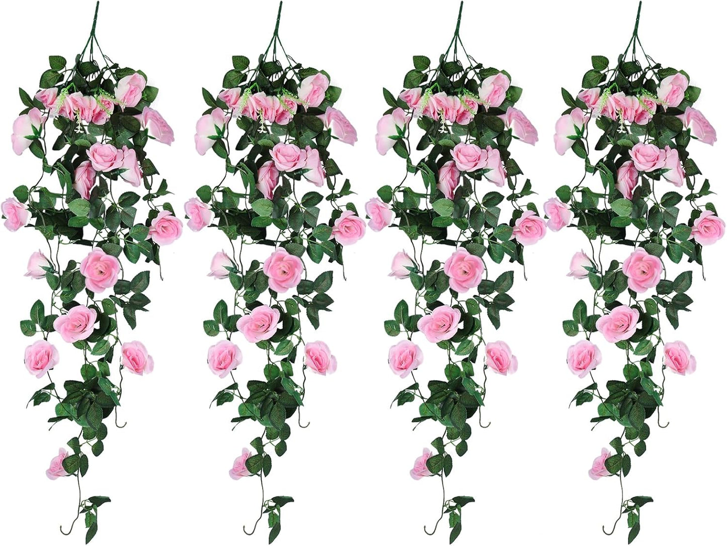 RECUTMS 4PCS Artificial Rose Vine Hanging Plants Fake Flower Outdoor Flowers UV Resistant for Indoor Outside Garden Porch Window Box Home Wedding Farmhouse (Pink)