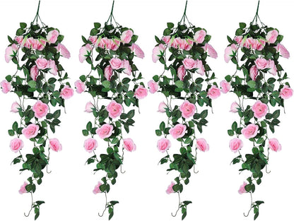 RECUTMS 4PCS Artificial Rose Vine Hanging Plants Fake Flower Outdoor Flowers UV Resistant for Indoor Outside Garden Porch Window Box Home Wedding Farmhouse (Pink)