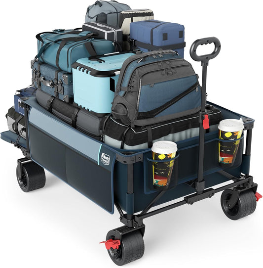 TIMBER RIDGE 600L Beast Wagon 26" W Extra Wide All Terrain Folding w/Big Wheels, Cargo Net & Tailgate, 26" W and 55.25" L, 400lbs Heavy Duty Collapsible Portable Cart for Camping, Sports, Dogs, Blue
