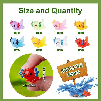72 Pack Mini Animals Tiny Axolotl Figurines Glow in Night Bulk for Miniature Dollhouse Decor Accessories Garden Aquarium Potted Ornament Party DIY Charms Office Classroom Activity to Hide