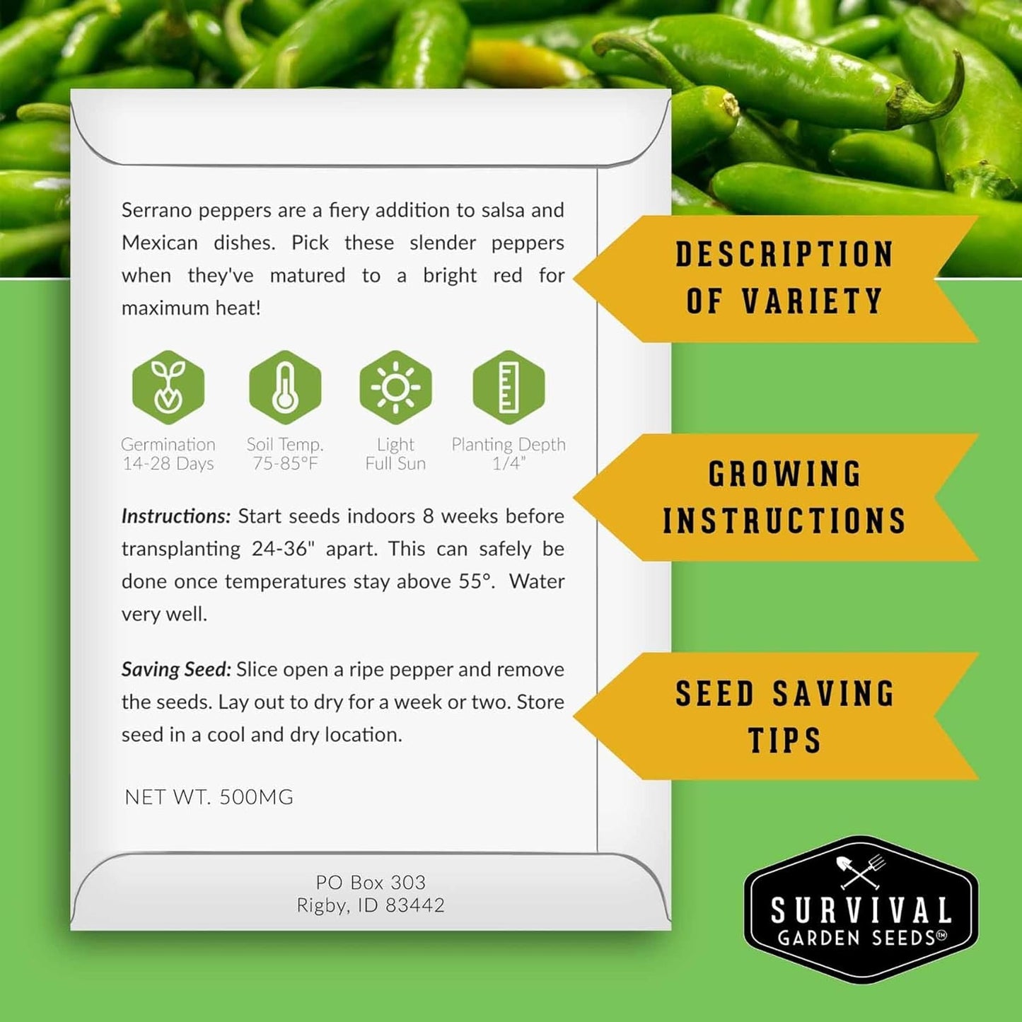 Mexican Serrano Pepper Seeds for Planting | Fresh Hot Chili & Green Hot Pepper Seeds – Heirloom Non-GMO Variety for Sauce, Salsa & Pickling – Survival Garden Seeds (3 Packs)