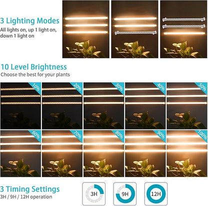 3 Head LED Grow Light Strips for Indoor Plants Full Spectrum 3500K, 144 LEDs Plant Light Bar with 3/9/12H Timer, 10 Dimmable Levels for Seedling Succulent, 13 Inches