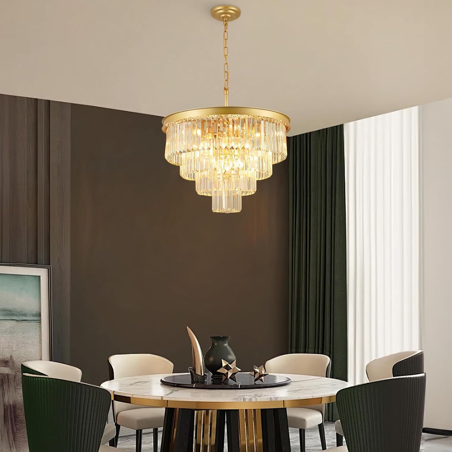 Crystal Chandeliers for Dining Room Lights Fixture Over Table, 15 Lights Gold Modern Chandeliers for Living Room, 4-Tier Round Crystal Lighting Fixtures for Bedroom Entryway Kitchen Island D24 Inch