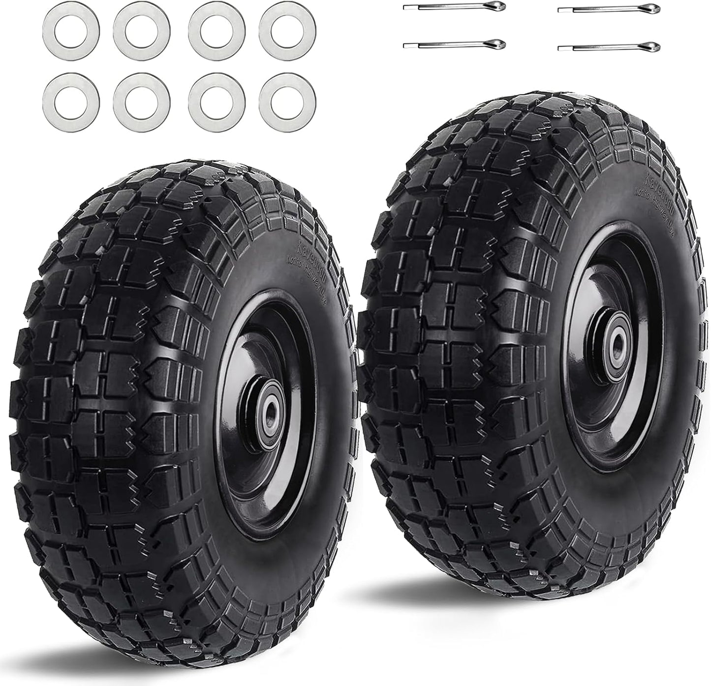 12'' Flat Free Tires Rubber Replacement Solid Tire and Wheel Assemblies for Hand Trucks Garden Cart Wheelbarrow - 3.5”Wide Polyurethane Tires 2.1 Hub with 5/8 Inch Axle Borehole (410/350-6)
