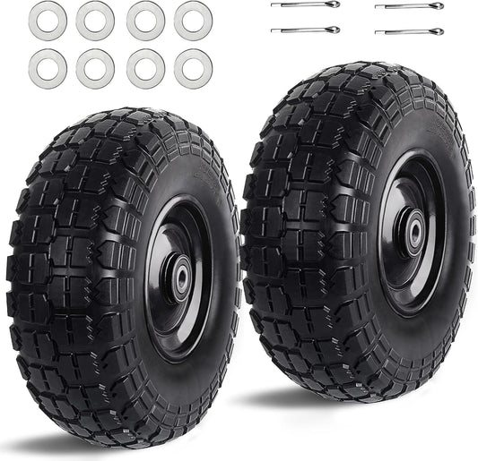 12'' Flat Free Tires Rubber Replacement Solid Tire and Wheel Assemblies for Hand Trucks Garden Cart Wheelbarrow - 3.5”Wide Polyurethane Tires 2.1 Hub with 5/8 Inch Axle Borehole (410/350-6)