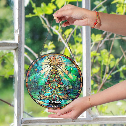 Personalized Stained Glass Christmas Tree Suncatcher, Christmas Handcraft Holiday Ornament with Name and Number, Gift for Family or Friend, Gift for Décor