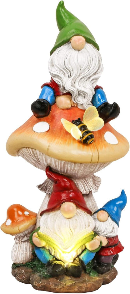 TERESA'S COLLECTIONS Garden Gnomes Statues Decorations for Yard with Solar Lights, Resin Gnome on Mushroom Reading Garden Decor Outdoor for Patio Lawn Ornaments,Ideal Gifts for Dad and Mom, 12.6"